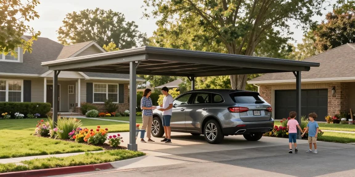 Moderner Carport schützt Fahrzeug in einem einladenden Vorhof mit Familienaktivitäten.
