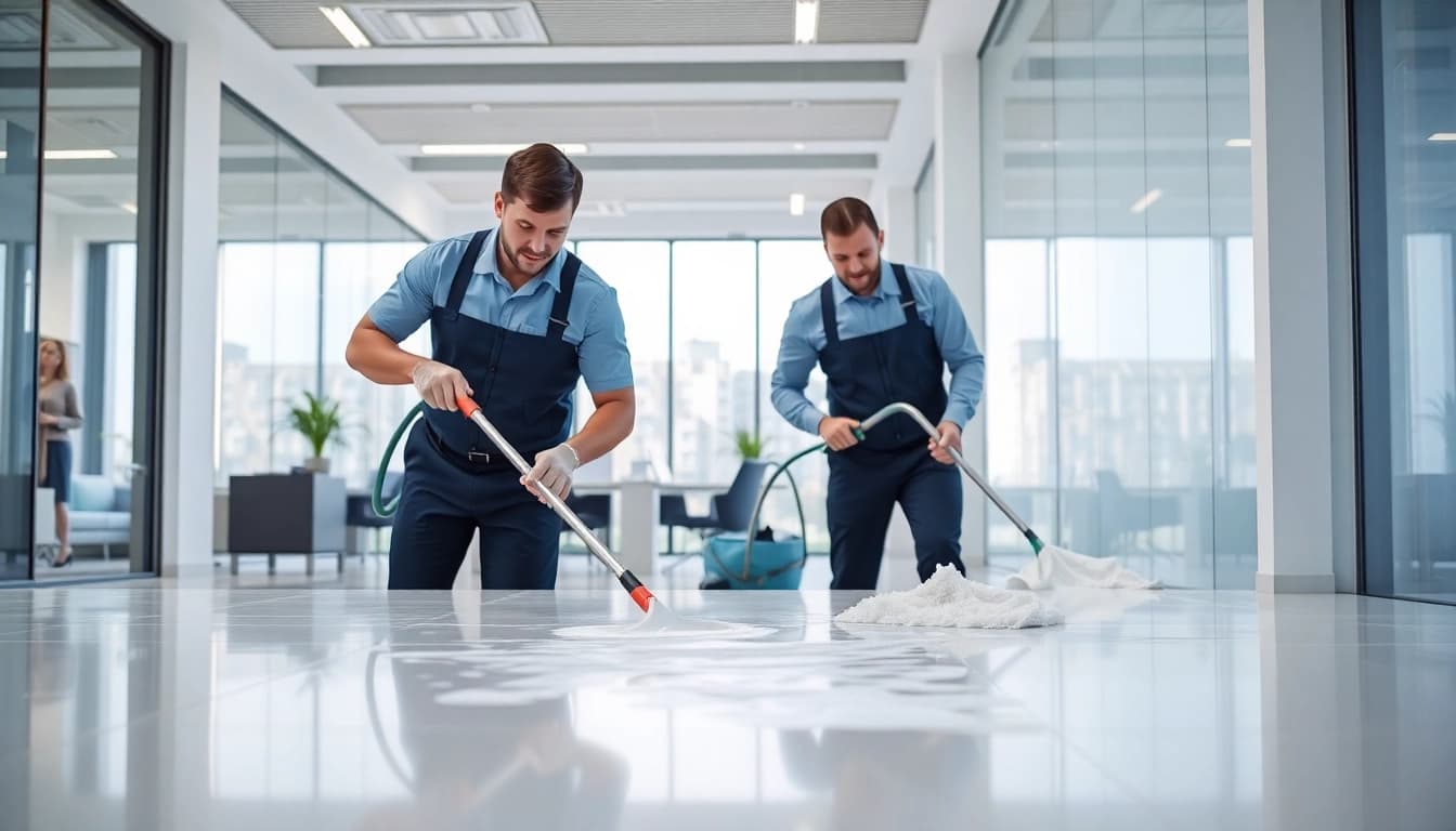 Effektive gebaeudereinigung berlin durch professionelles Reinigungsteam in modernem Büro.