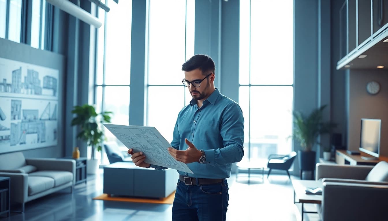 Headhunter Ingenieure analysiert moderne Technologie und Baupläne in einem lichtdurchfluteten Büro.