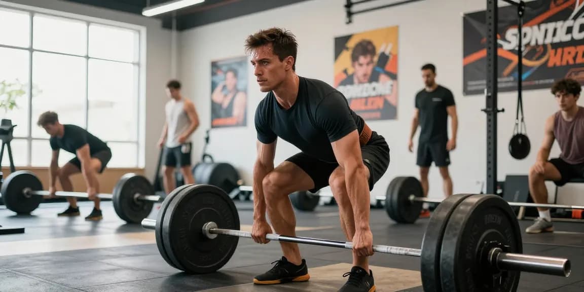 Anabolika Shop Deutschland: Fitnessszene mit Bodybuilder beim Deadlift im hellen Gym.