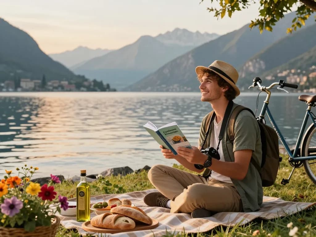 Reisender genießt Gardasee Reisetipps am malerischen Gardasee während des Sonnenuntergangs.