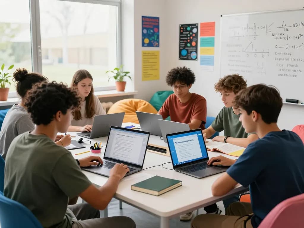 Studierende nutzen die Hausaufgaben KI kostenlos Hausaufgaben-App in einem kollaborativen Lernraum.