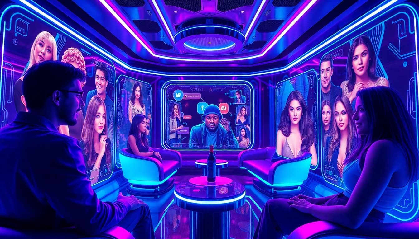 Engaging characters in a vibrant AI porn chat interface showcasing neon colors and high-tech design.