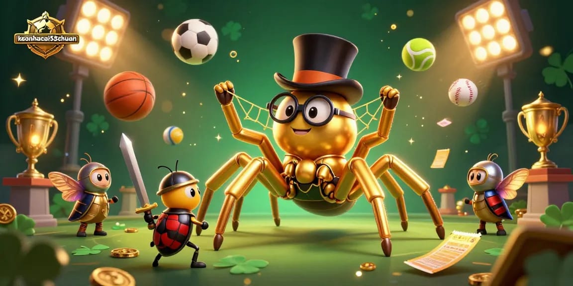 Engage with keonhacai55chuan's thrilling atmosphere as a beetle knight approaches a golden tarantula weaving casino webs.