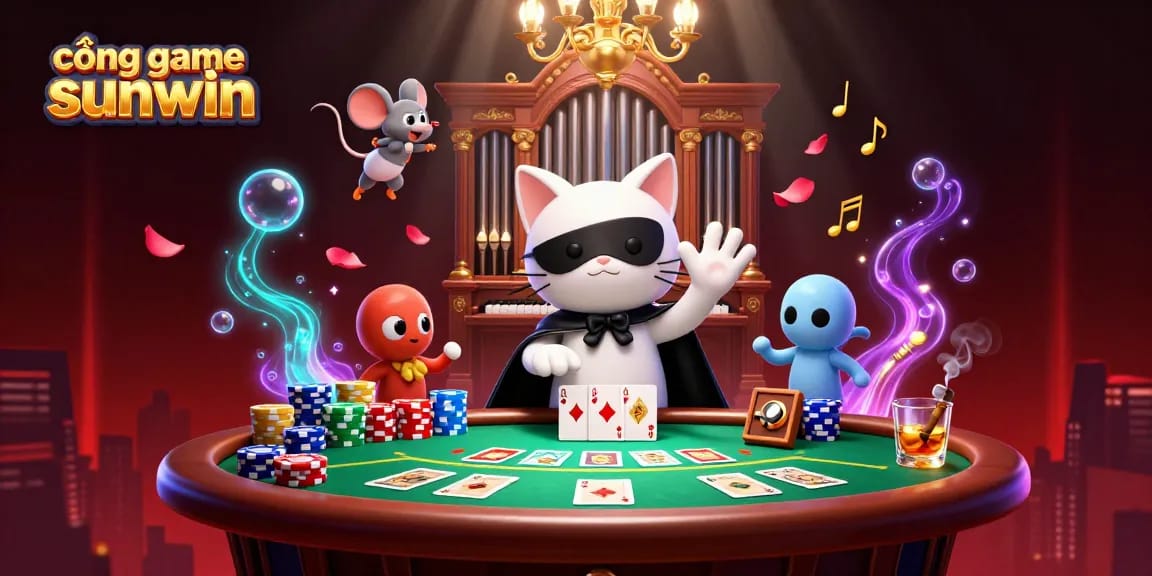 Cổng game sunwin showcases an engaging 3D casino scene with a phantom cat, poker elements, and acrobatic mouse.