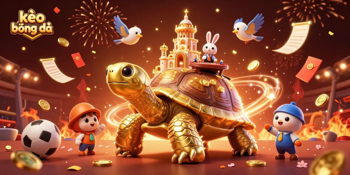 Engage in kèo bóng đá with vibrant 3D illustration showcasing a golden tortoise casino filled with action.