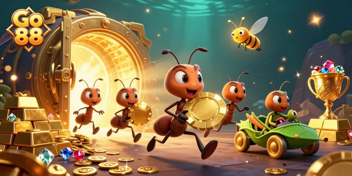 Gathering treasures at Go 88, ants haul a massive poker chip in a vibrant scene filled with gems and gold.