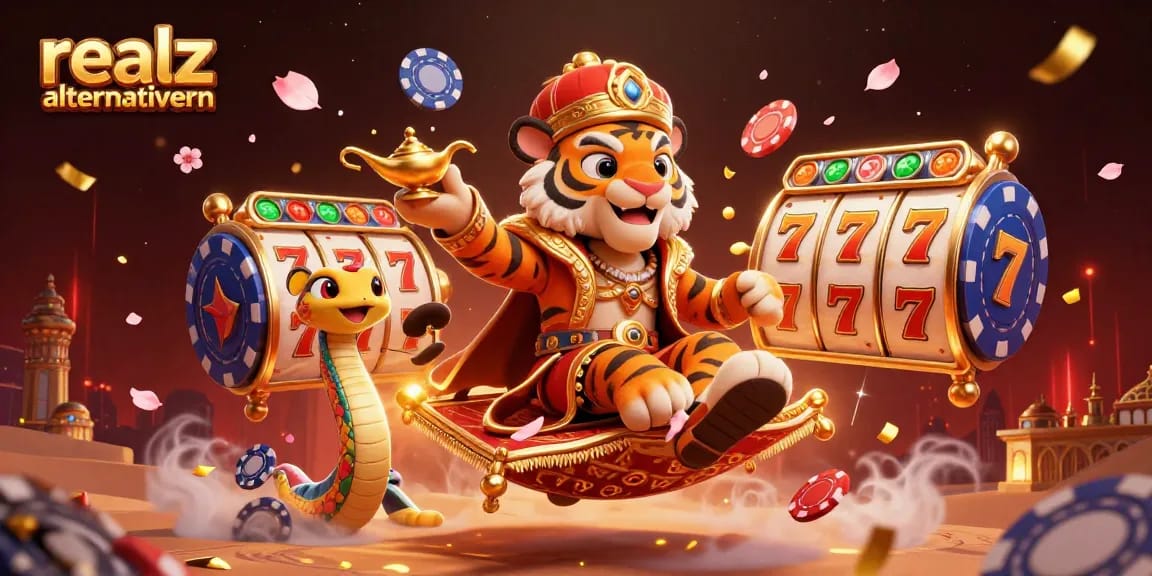 Vergleiche die realz casino alternativen in einer dynamischen 3D-Cartoon-Szene mit Glücksspiel-Elementen.
