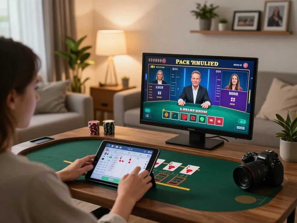 CM88 online gaming scene with a player engaging in live dealer blackjack on a tablet in a cozy setting