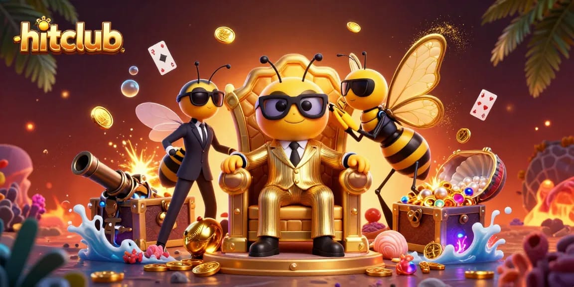 Engage with hitclub's exciting casino experience featuring an energetic bumblebee mob boss amidst gold treasures.