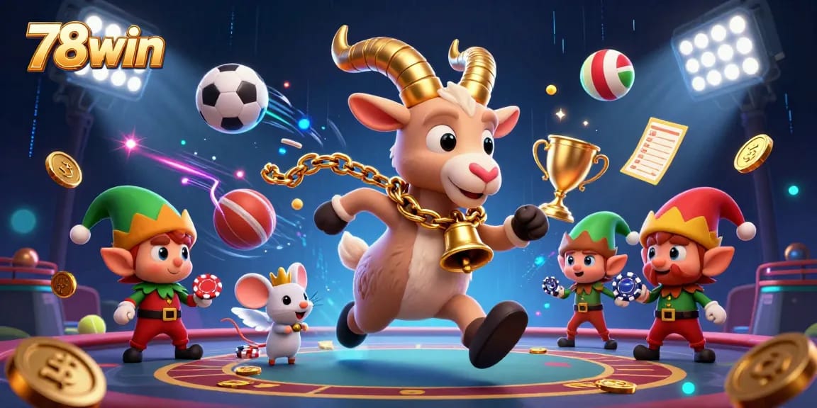 Experience the thrill at 78win with a whimsical casino scene featuring playful characters amidst vibrant elements.