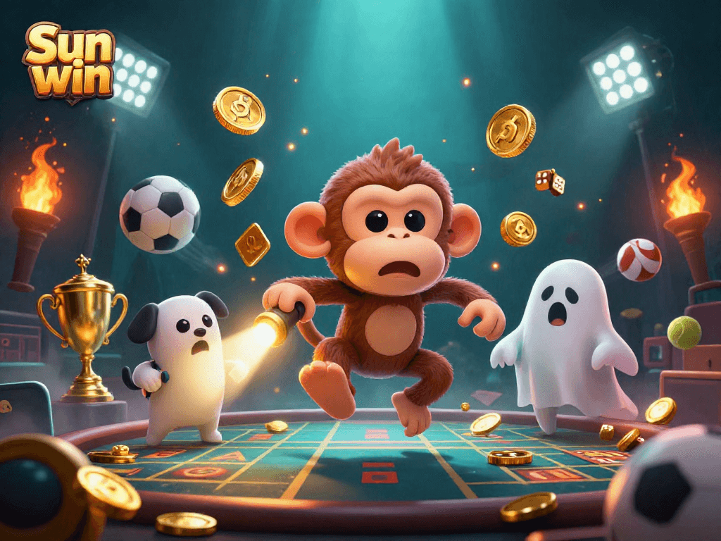 Experience thrilling moments with Sun win in this vibrant 3D casino festive scene, showcasing sports and game elements.