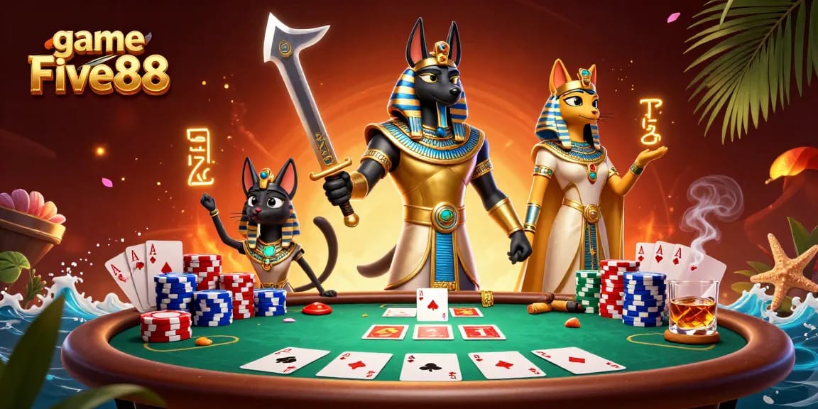 Experience the excitement of game Five88 with Anubis and Bastet in a vivid casino scene.