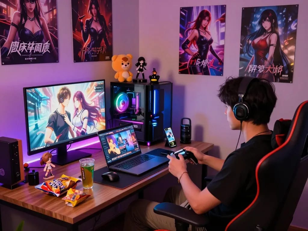 Immersed in female protagonist porn games, a player enjoys an interactive visual novel in a cozy gaming room.