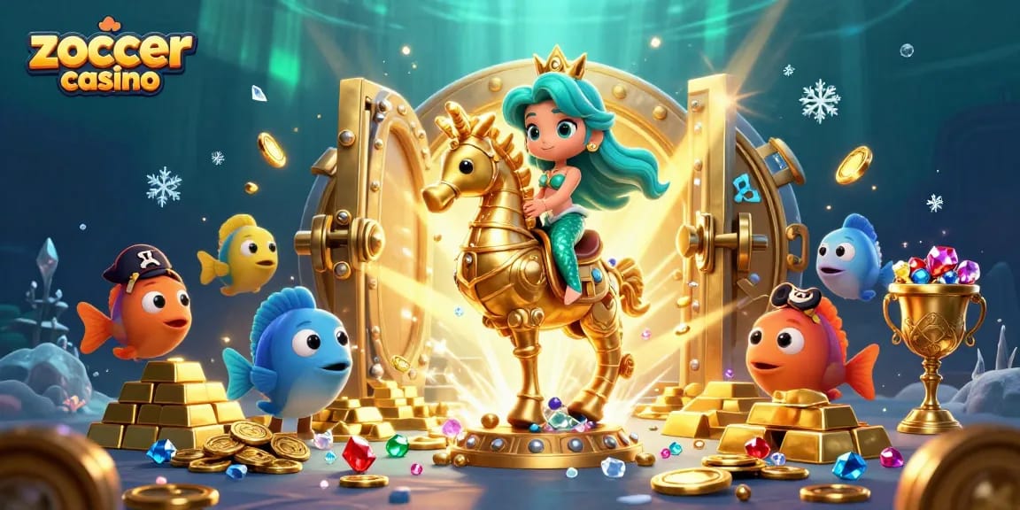 Zoccer Casino illustrates a vibrant underwater scene with a mermaid, seahorse, and treasure elements, showcasing engaging casino themes.