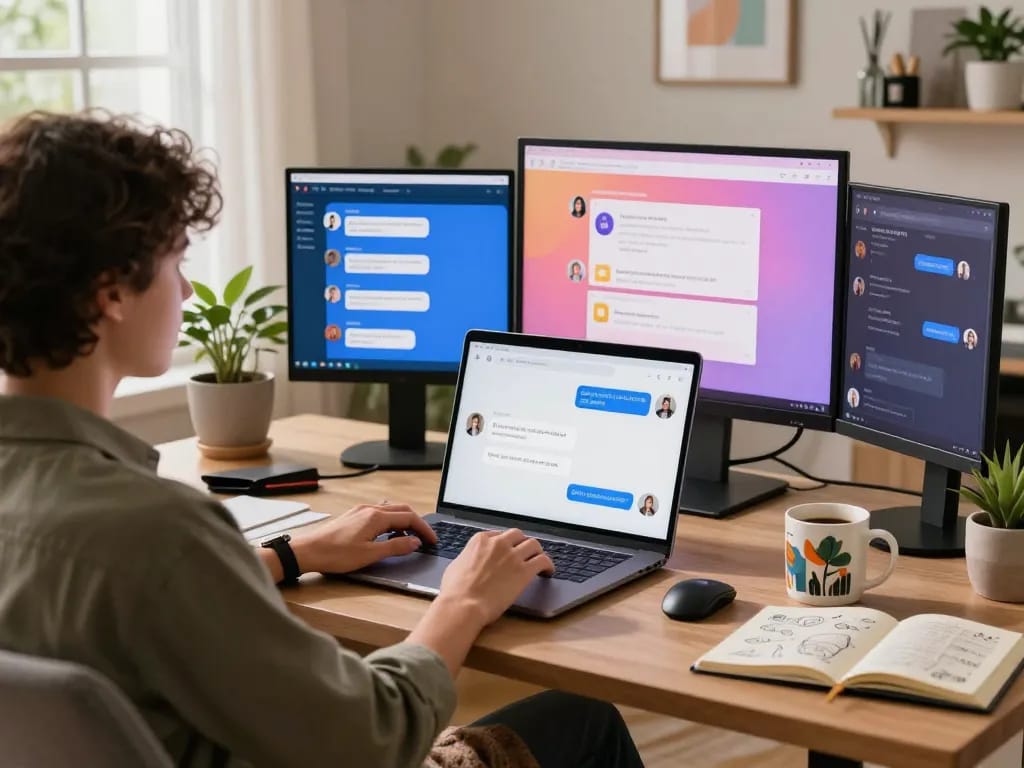Engaging with an nsfw chat bot in a stylish personal workspace with multiple screens and cozy decor.