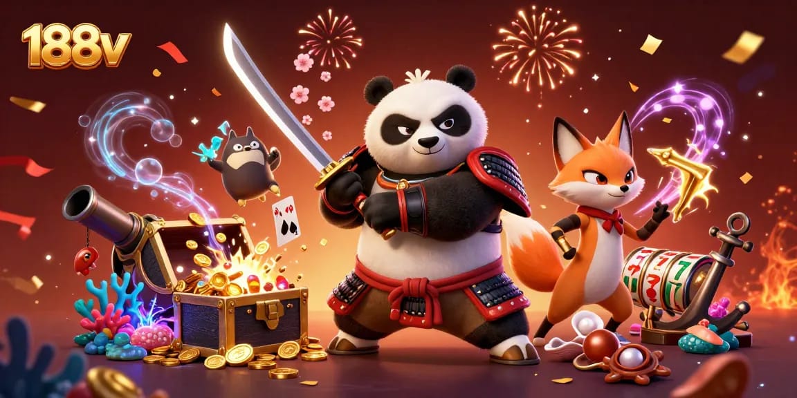 Experience the thrilling gameplay with 188v featuring a samurai panda and colorful casino elements.