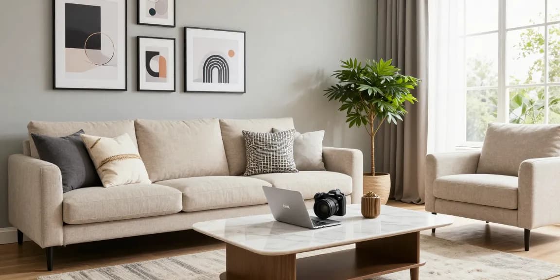 Einladendes Wohnzimmer mit modernen Designelementen für Möbel online kaufen.