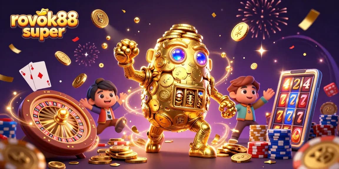 Spin the reels with rokok88 super, featuring vibrant golem and gold coins in a magical casino scene.