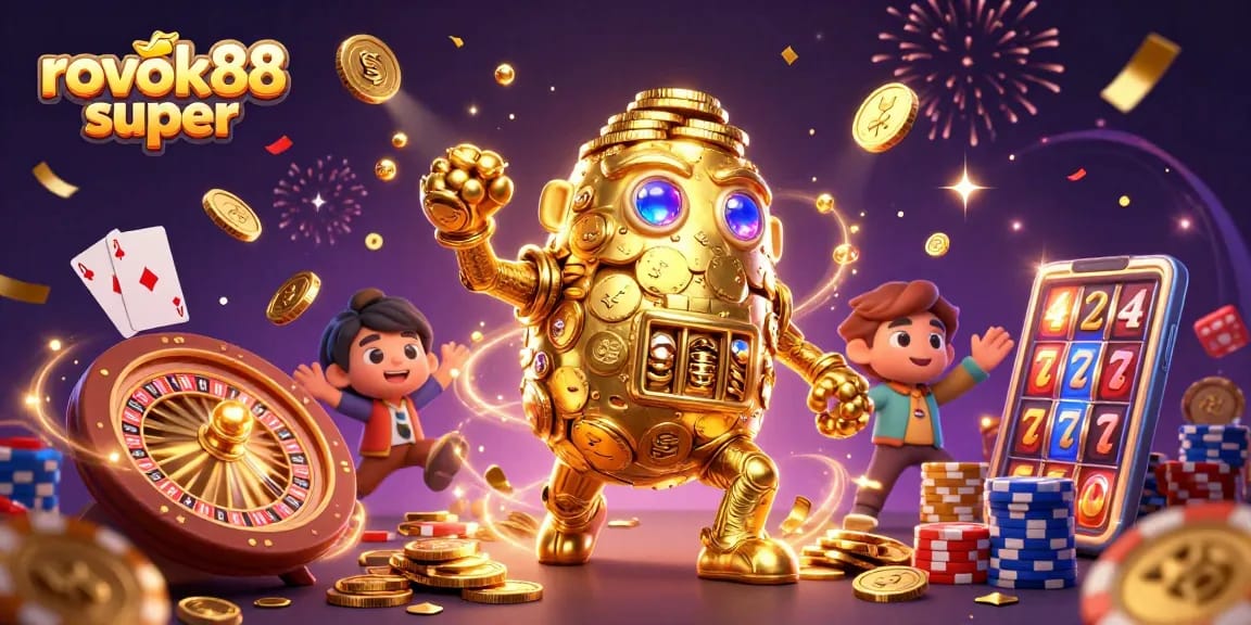 Spin the reels with rokok88 super, featuring vibrant golem and gold coins in a magical casino scene.