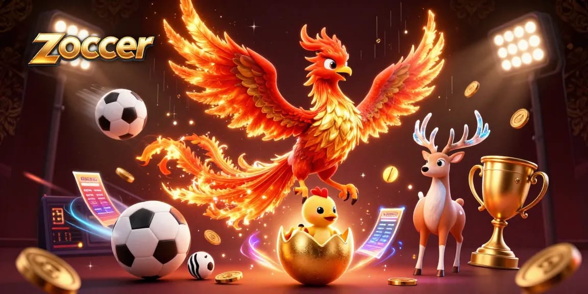Zoccer ignites gaming excitement with vibrant phoenix and dynamic sports elements in thrilling casino atmosphere.