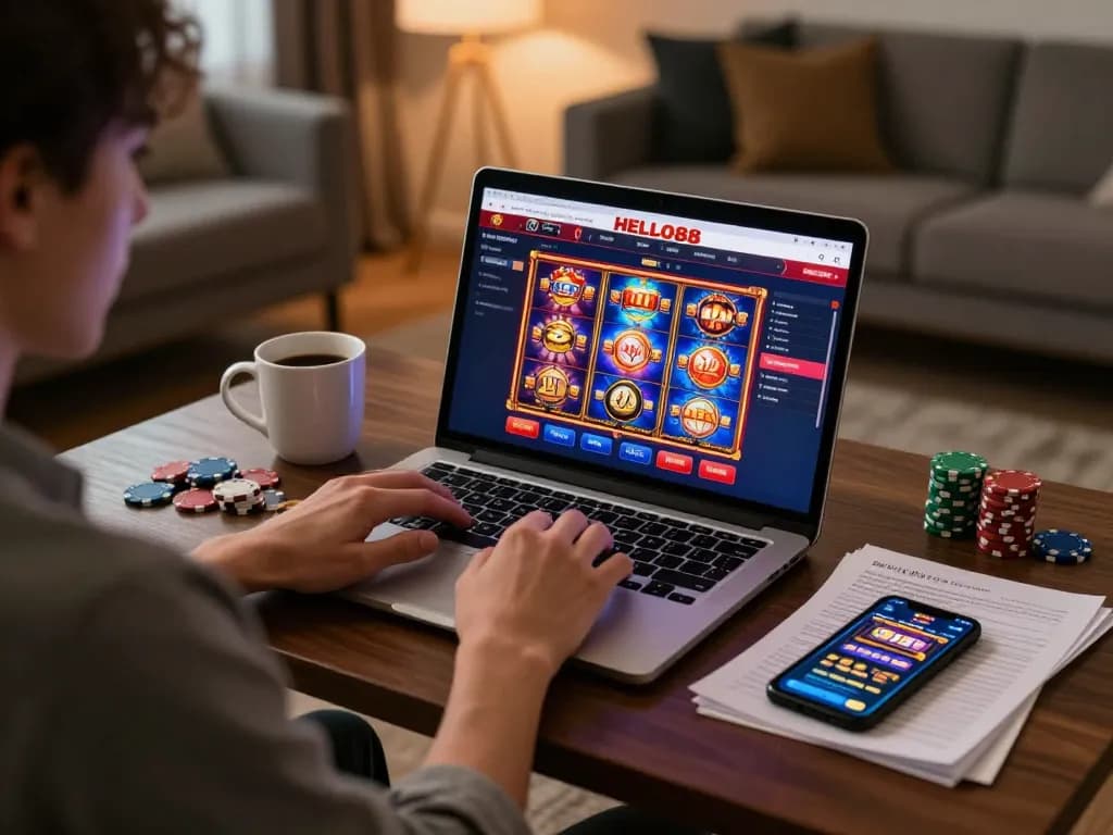 Engaged player exploring HELLO88 casino games on their laptop, emphasizing online gambling excitement.