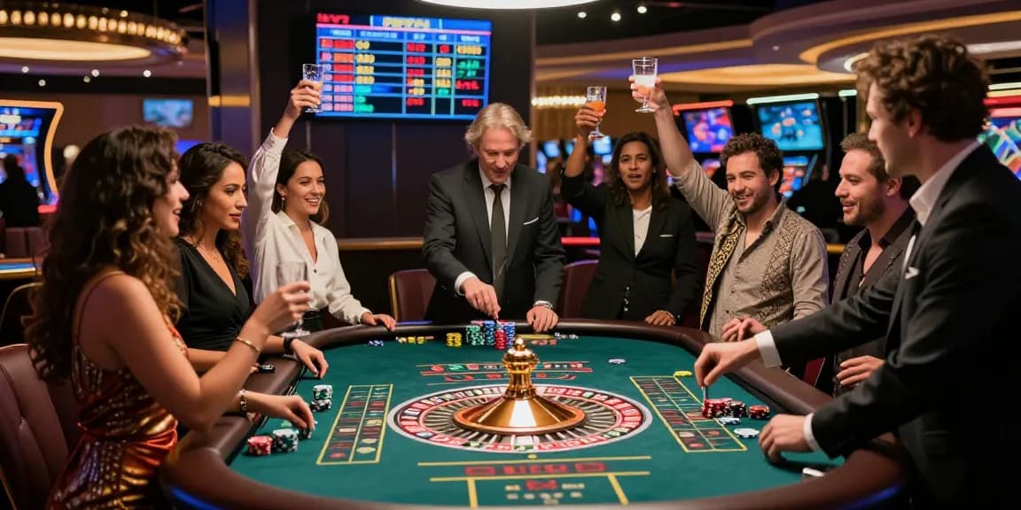 Exciting FAFA828 casino scene with friends celebrating a win at a roulette table, vibrant atmosphere.