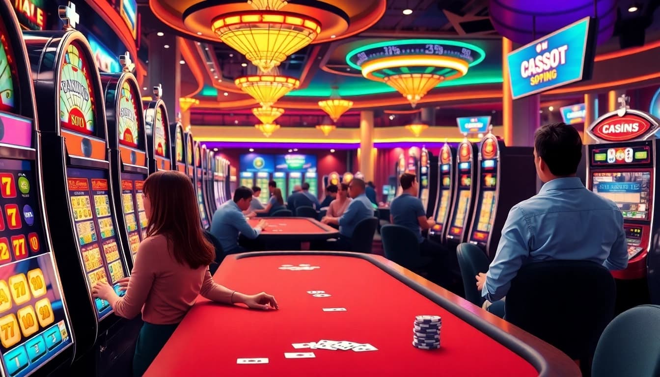Spannende casinospiele in einem lebhaften Casino mit Spielern an Spielautomaten.