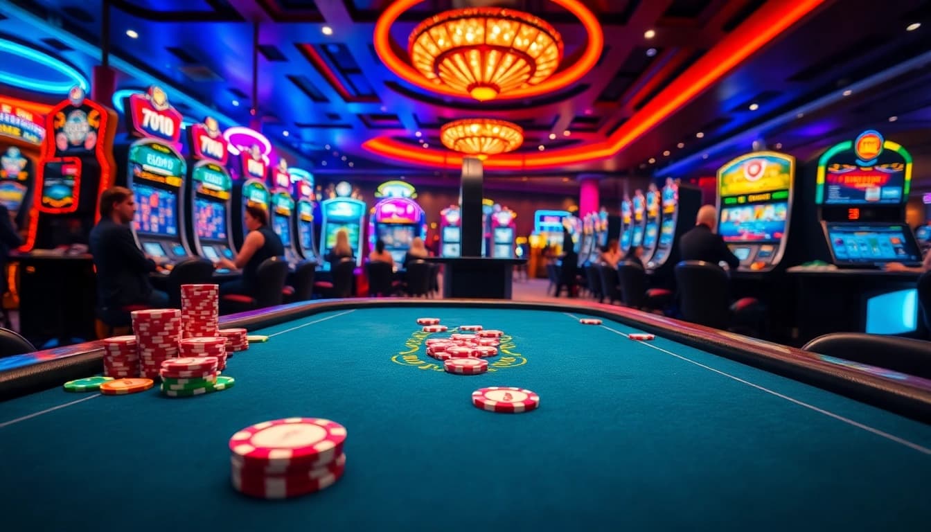 A lebilincselő online casino élmény, ahol a játékosok pókeren játszanak egy fényes asztalnál.