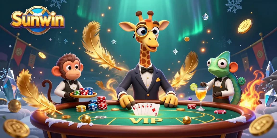 Experience exciting poker action at Sunwin with high-roller giraffe and valet monkey.