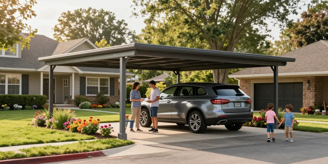 Moderner Carport schützt Fahrzeug in einem einladenden Vorhof mit Familienaktivitäten.
