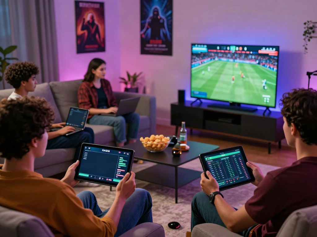 Group engaging with DA88 online gaming on multiple devices in a lively living room.