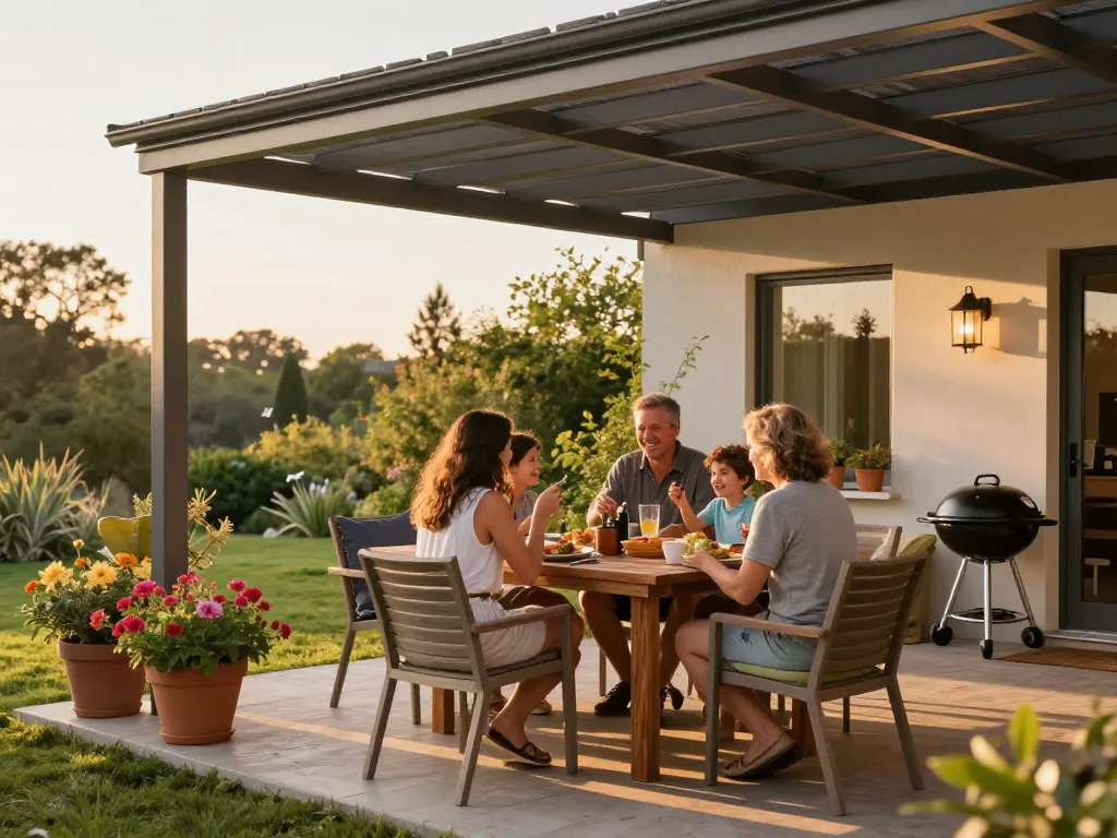 Familie genießt eine Mahlzeit unter einer stilvollen Terrassenüberdachung auf einer sonnigen Terrasse.