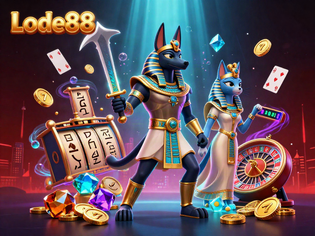 Experience the thrill of Lode88 with a dynamic 3D scene showcasing Anubis and Bastet amidst casino elements.