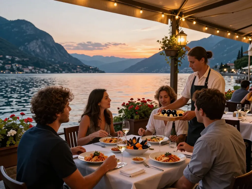 Urlaub am Gardasee genießen mit Speisen am Seeufer und atemberaubenden Sonnenuntergangsausblicken.