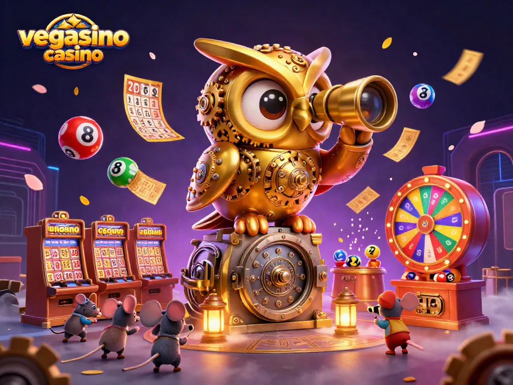 Join the excitement at vegasino casino and experience thrilling games with a whimsical owl and mice!