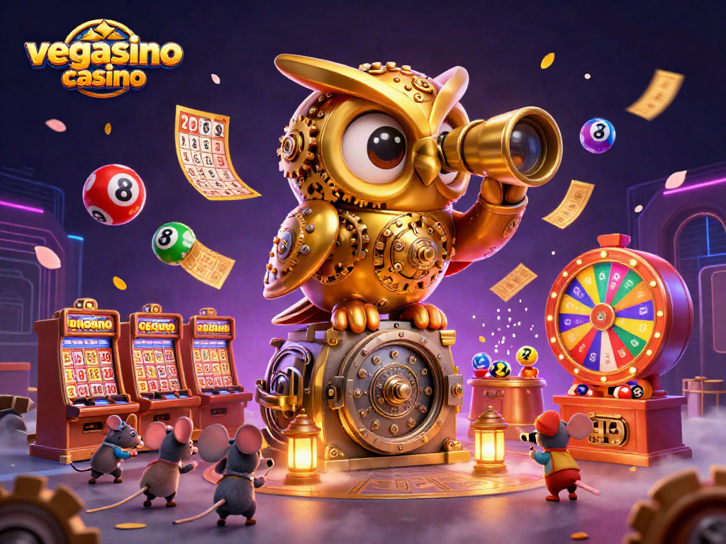 Join the excitement at vegasino casino and experience thrilling games with a whimsical owl and mice!