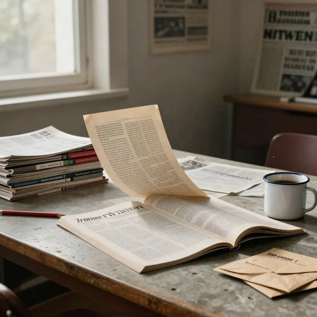 Editorial-Stillleben mit Korrekturfahnen, Heften, rotem Stift und Kaffeebecher im Morgenlicht.