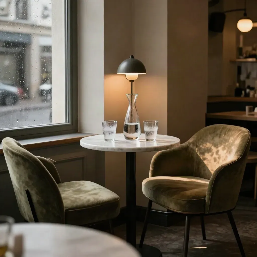 Leere Café-Ecke mit zwei Sesseln, Karaffe, Gläsern und Lampe am beschlagenen Fenster.