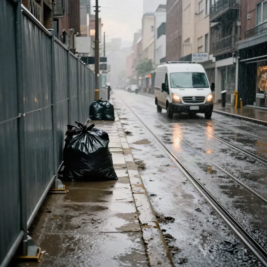 Nasse Straßenschlucht mit Baustellenzaun, Müllsäcken und Tramgleisen nach einem Lieferwagen