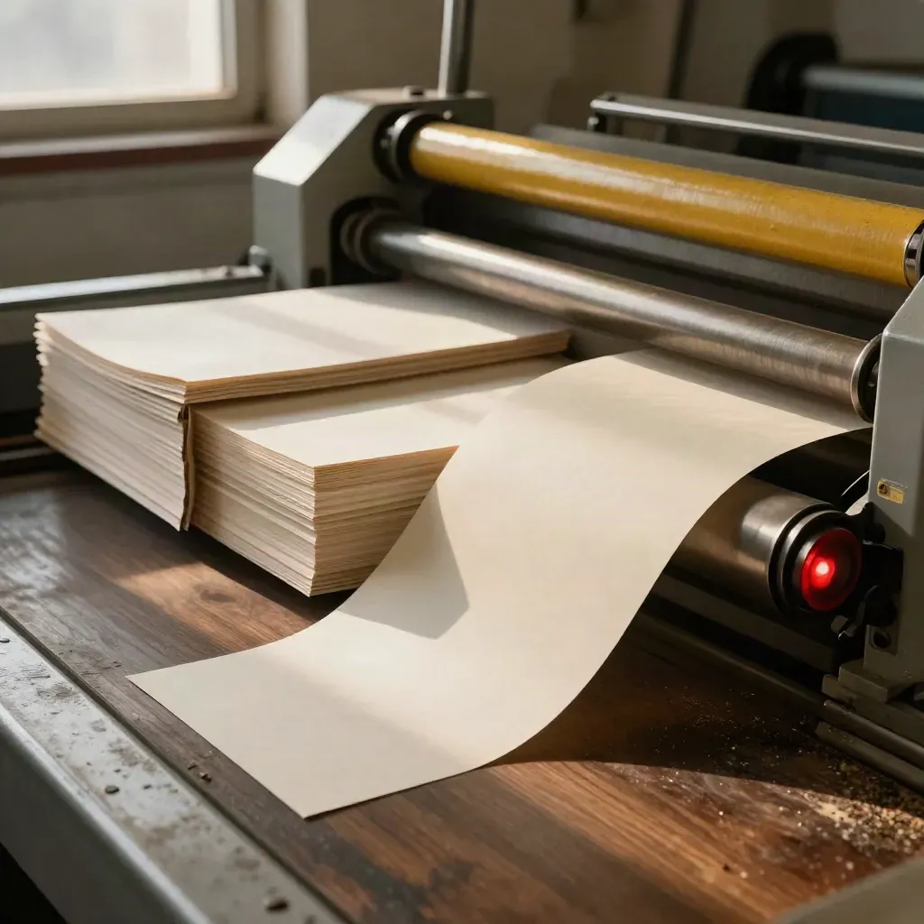 Papierbahnen rasen durch eine Druckmaschine, Staub wirbelt, gelbes Detail leuchtet.