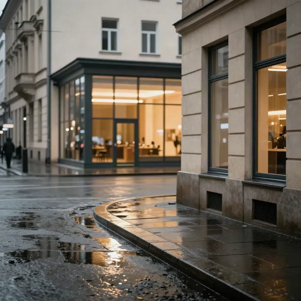 Berliner Straßenecke im Regen mit leuchtendem Veranstaltungssaal und Spiegelungen in den Fenstern