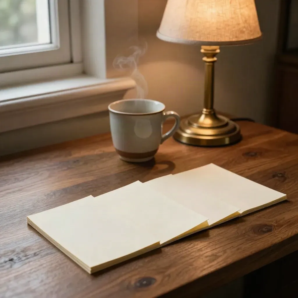 Vier Notizzettel, Tasse und schmale Lampe auf warmem Redaktionsholz im Nachmittagsschein.