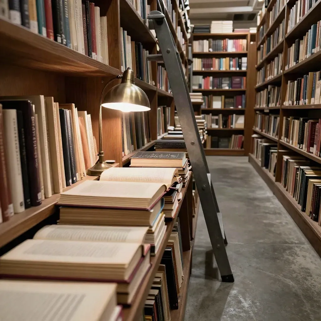 Enger Buchladen-Gang mit Buchstapel, Leiter und Leselampe im warmen Seitenlicht.