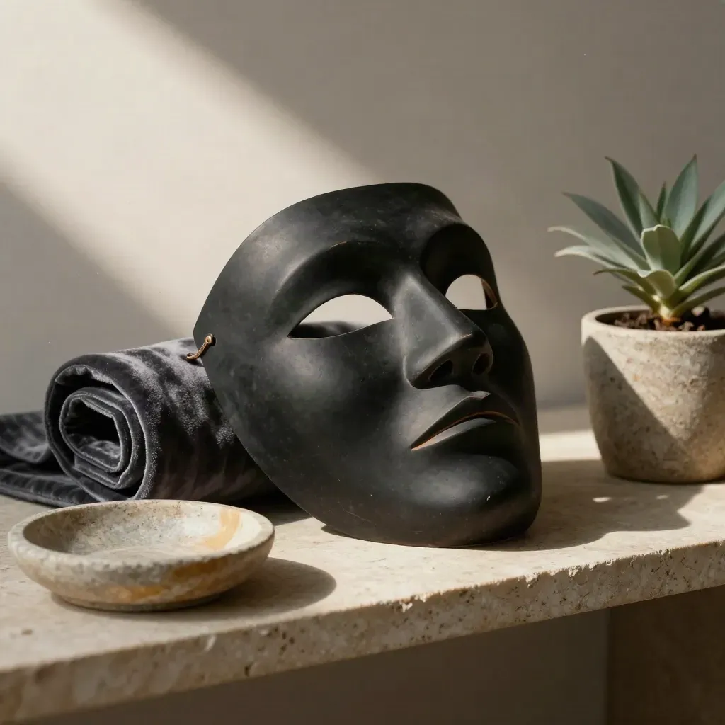 Schwarze Theatermaske aus Keramik mit Samt, Schale und kleiner Pflanze auf Steinsims