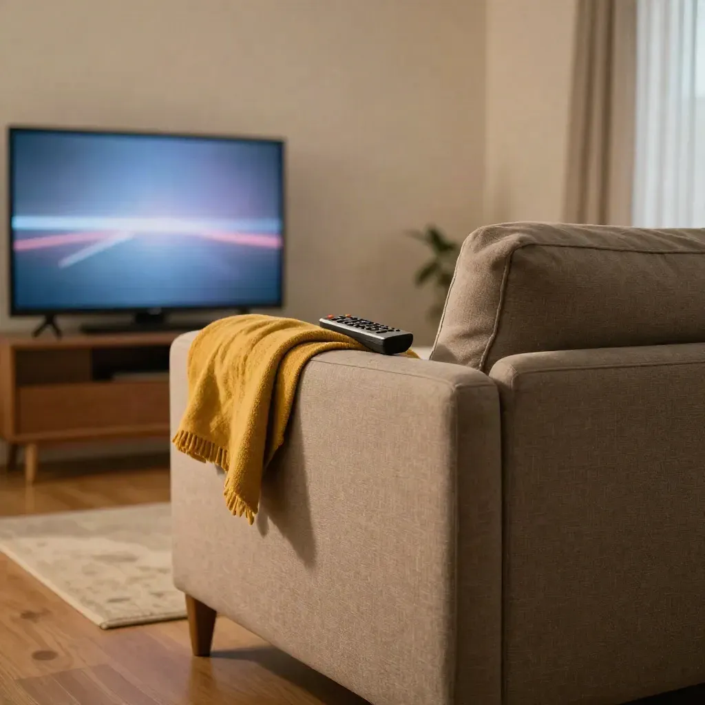 Wohnzimmer mit flimmerndem Fernseher, Sofa, Decke und alter Fernbedienung, warm und unruhig
