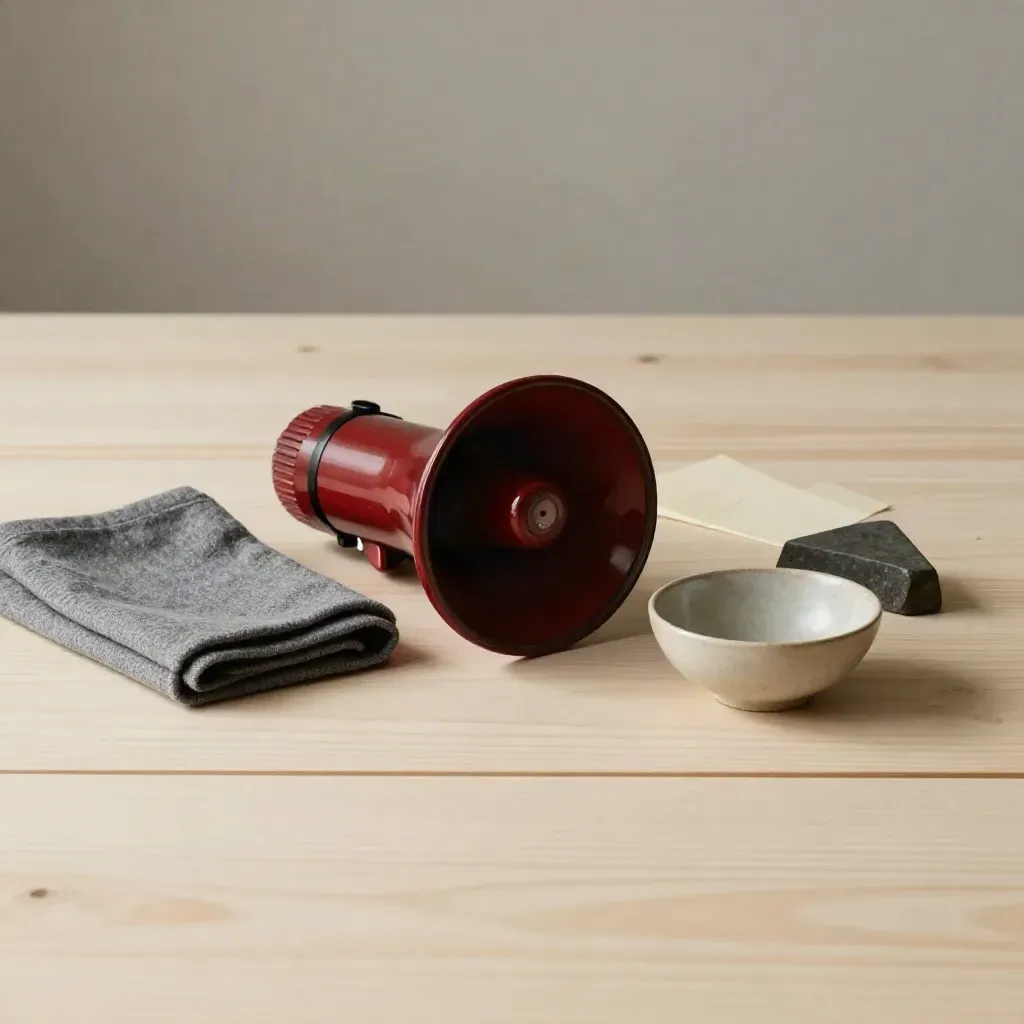 Rotes Megafon mit grauem Tuch, Keramikschale und Stein auf hellem Holz.
