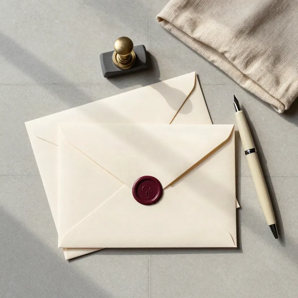 Überkopf-Flatlay: cremefarbene Leserbrief-Umschläge mit rotem Siegel, Füller und Papiergewicht.
