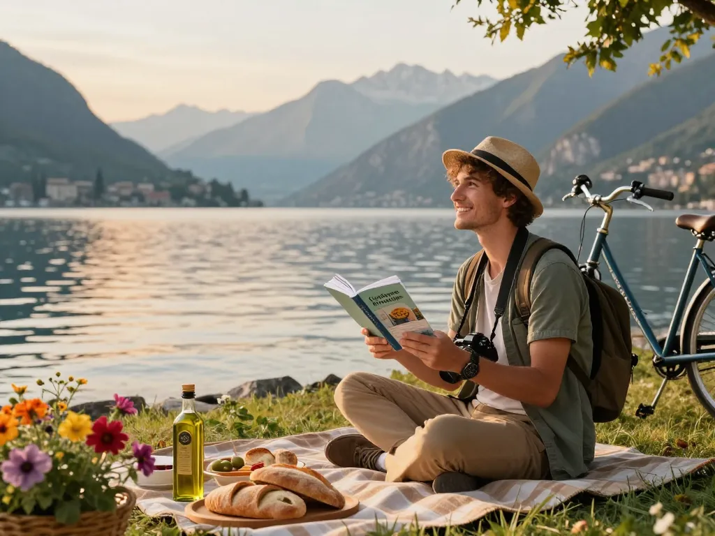 Reisender genießt Gardasee Reisetipps am malerischen Gardasee während des Sonnenuntergangs.