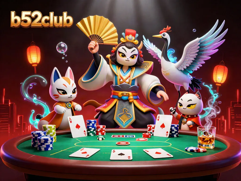 Experience thrilling poker action at b52club with dynamic characters and vibrant casino atmosphere
